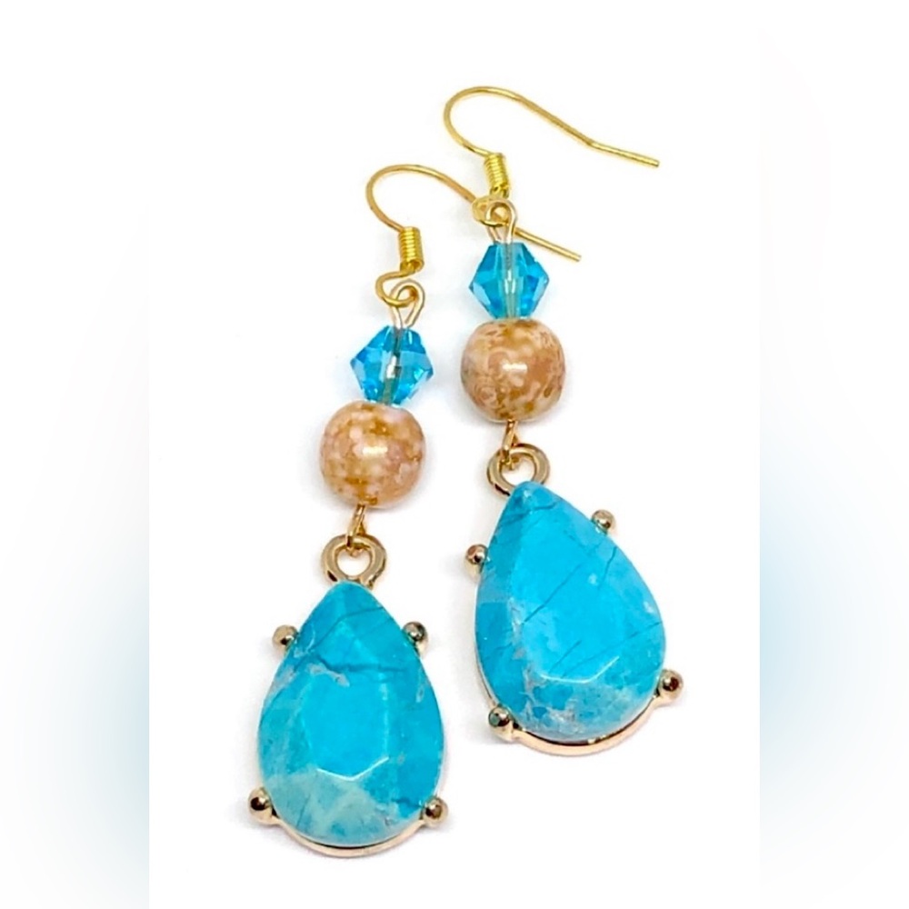Turquoise Blue Stone Teardrop Crystal Gold Mottled Luster Glass Dangle Earrings